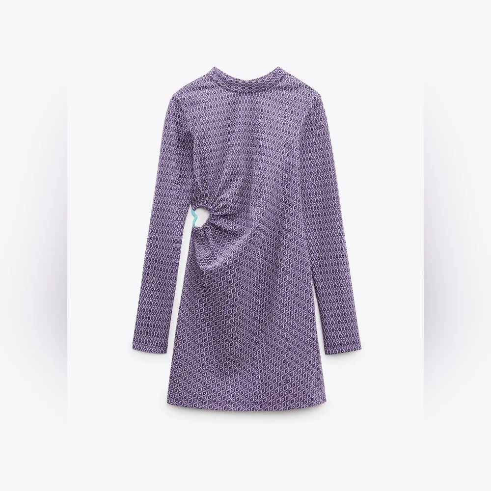 🌞ZARA Jaquard Long Sleeve Cut-out Open Back Mini Dress Purple Retro Geometric - Picture 2 of 14